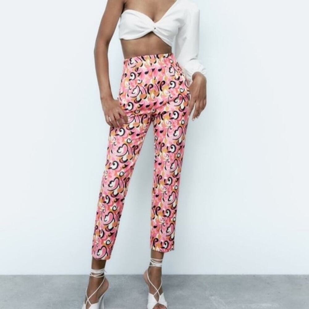 Zara | Pink Paisley Pants Small Retro 70s Hippie High Waist Tapered Leg
